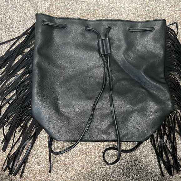 Victoria's Secret Faux Leather black fringe bucket backpack - Picture 3 of 3
